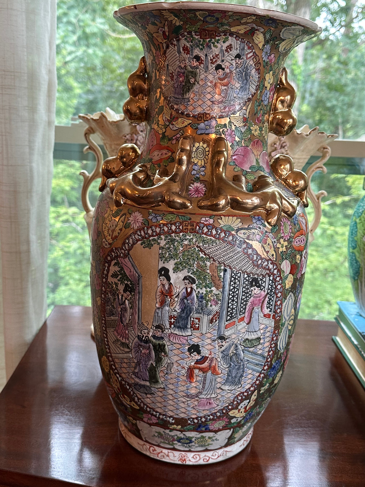 Vintage Rose Medallion Floor Vase – 18" – Gilt Foo Dog Handles