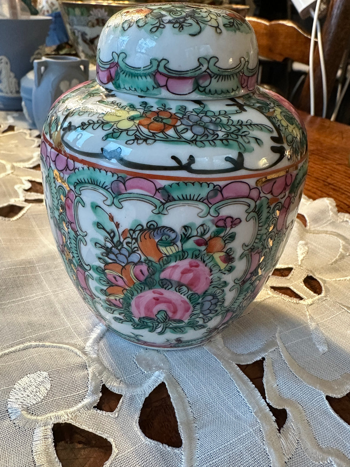 Vintage Rose Canton Porcelain Ginger Jar with Lid