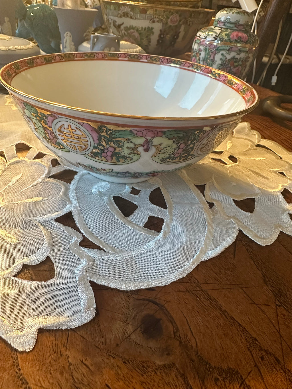 Vintage Rose Canton Porcelain Soup Bowl | Hand-Painted Chinese Export | 7.5"