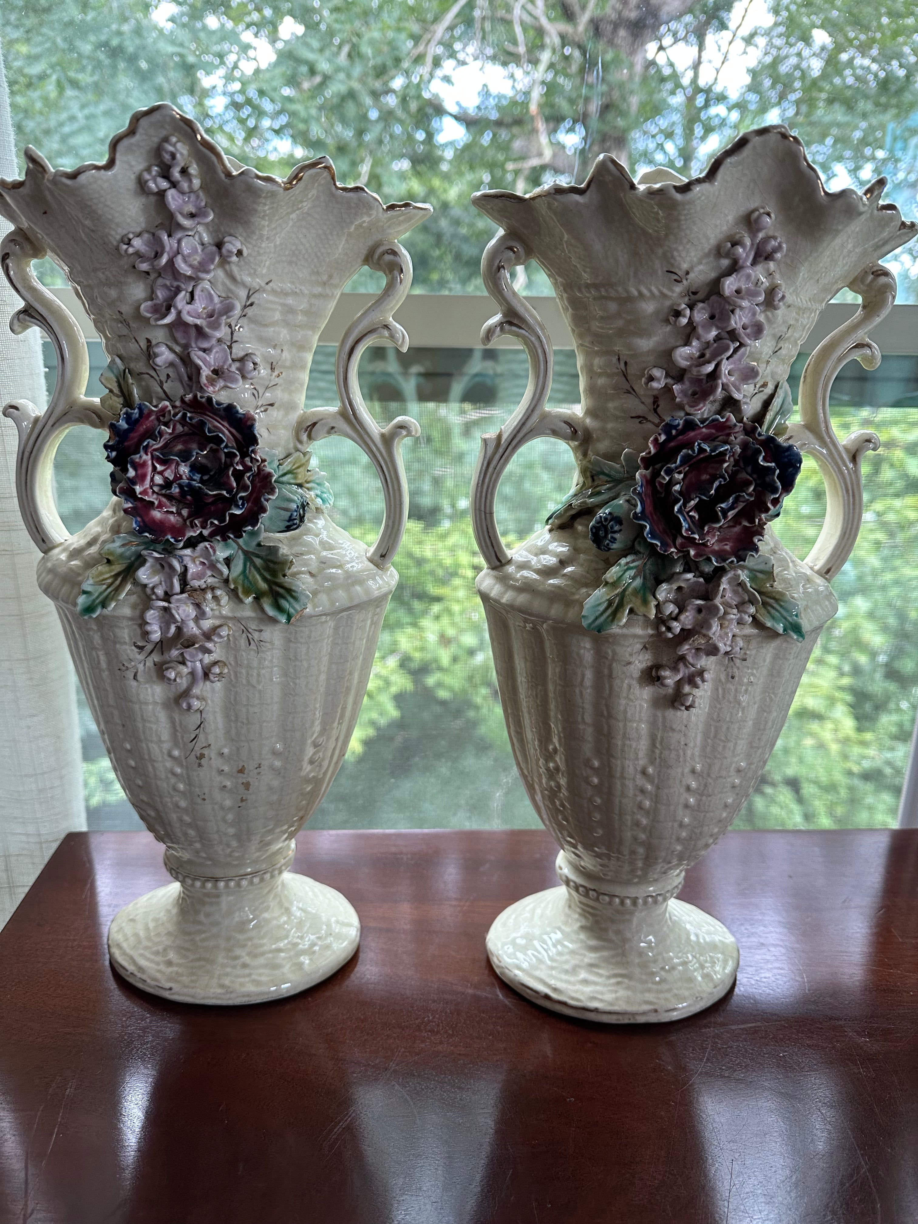 Pair of French Napoleon III Style Faience Vases | Hand-Painted Floral Vases | 14½" Tall