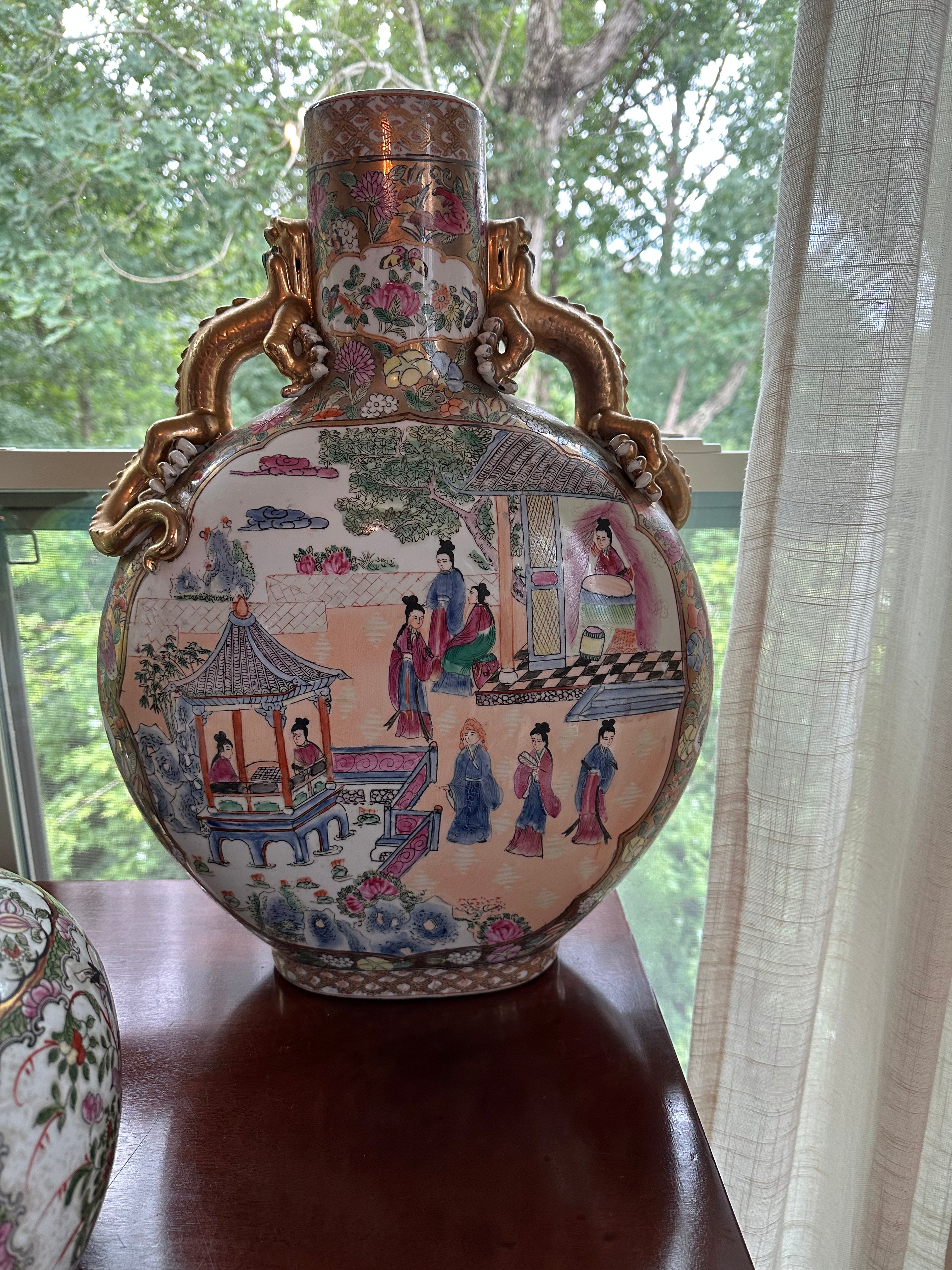Vintage Chinese Famille Rose Moon Flask – Oversized 21" Hand-Painted Vase