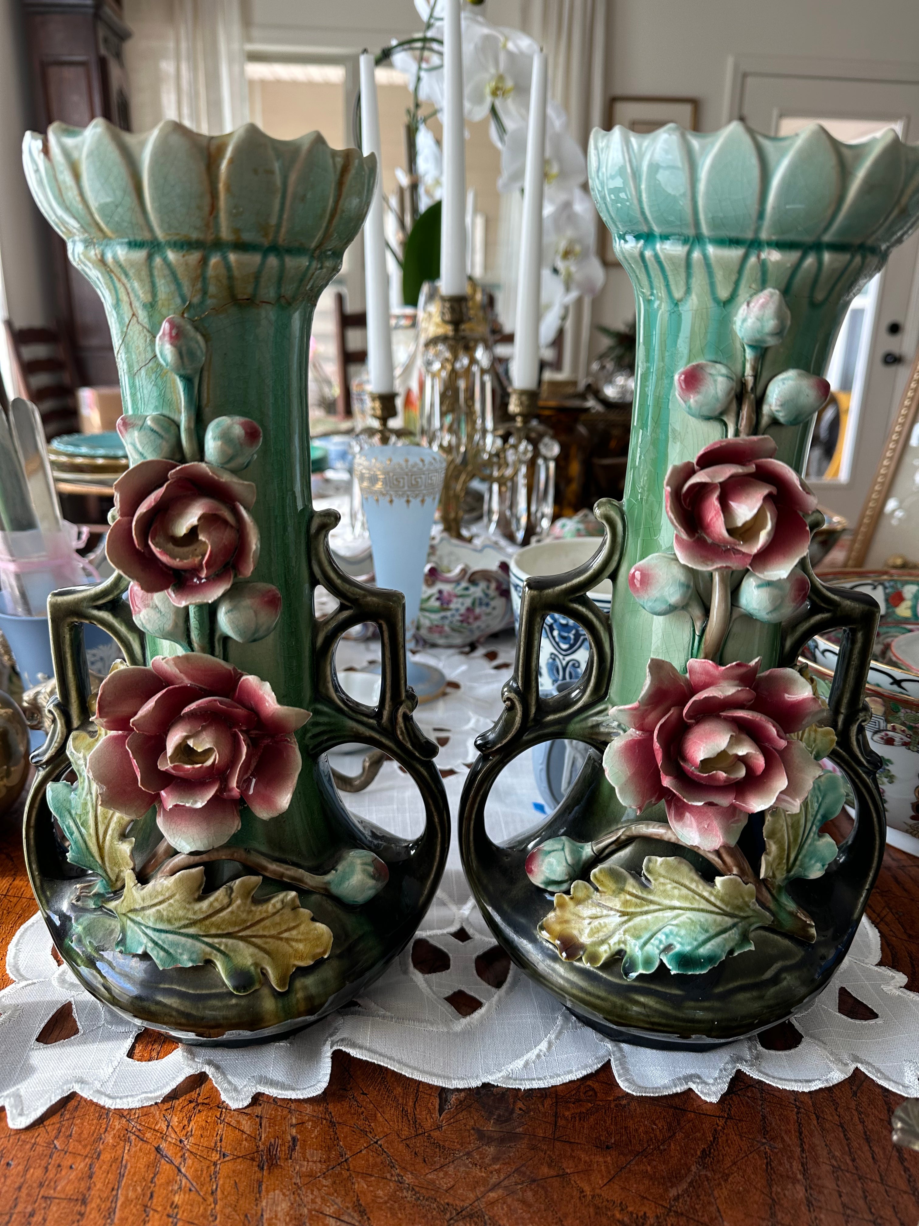 Green Majolica Vase Pair – 12.5" Tall – Hand-Painted – Decorative Ceramic Vases