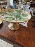 Antique Majolica Pedestal Plate with Ivy & Tree Motif | Green Glazed Cake Stand