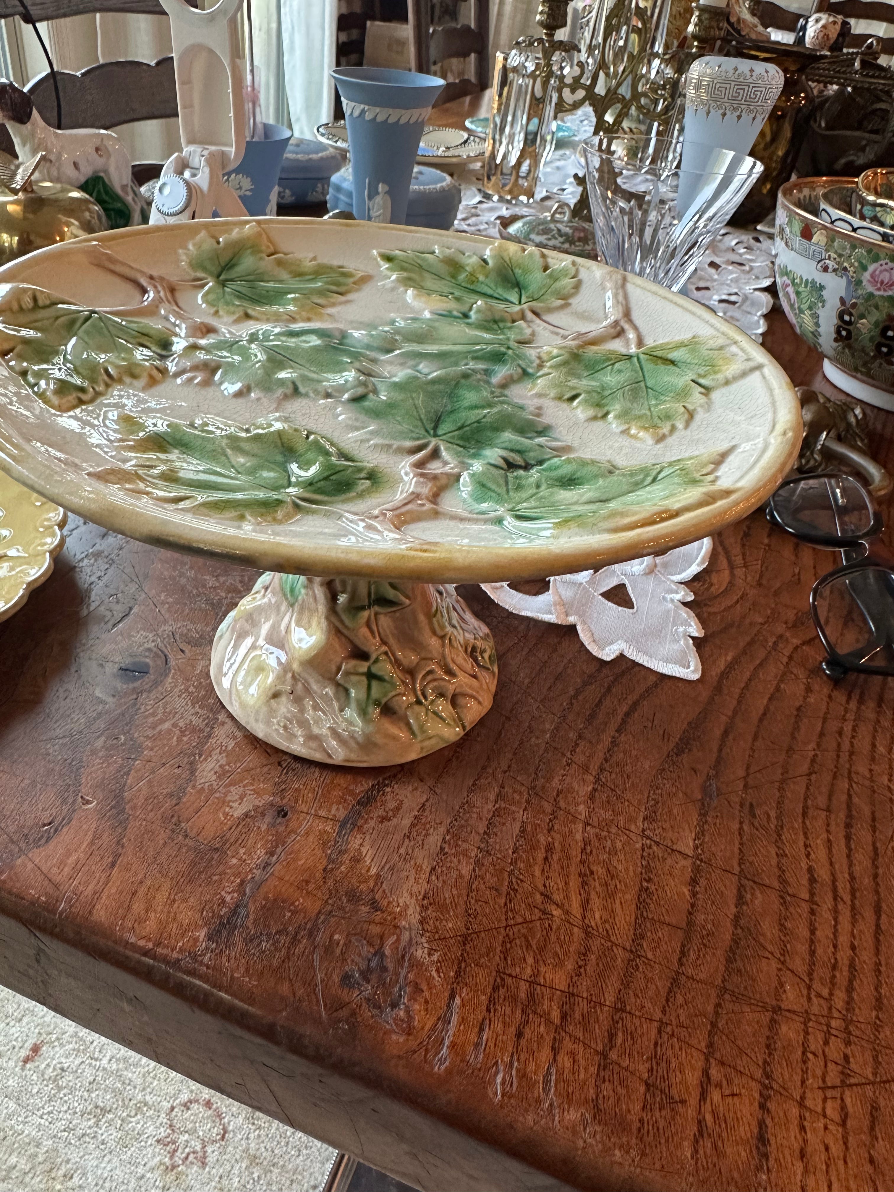 Antique Majolica Pedestal Plate with Ivy & Tree Motif | Green Glazed Cake Stand