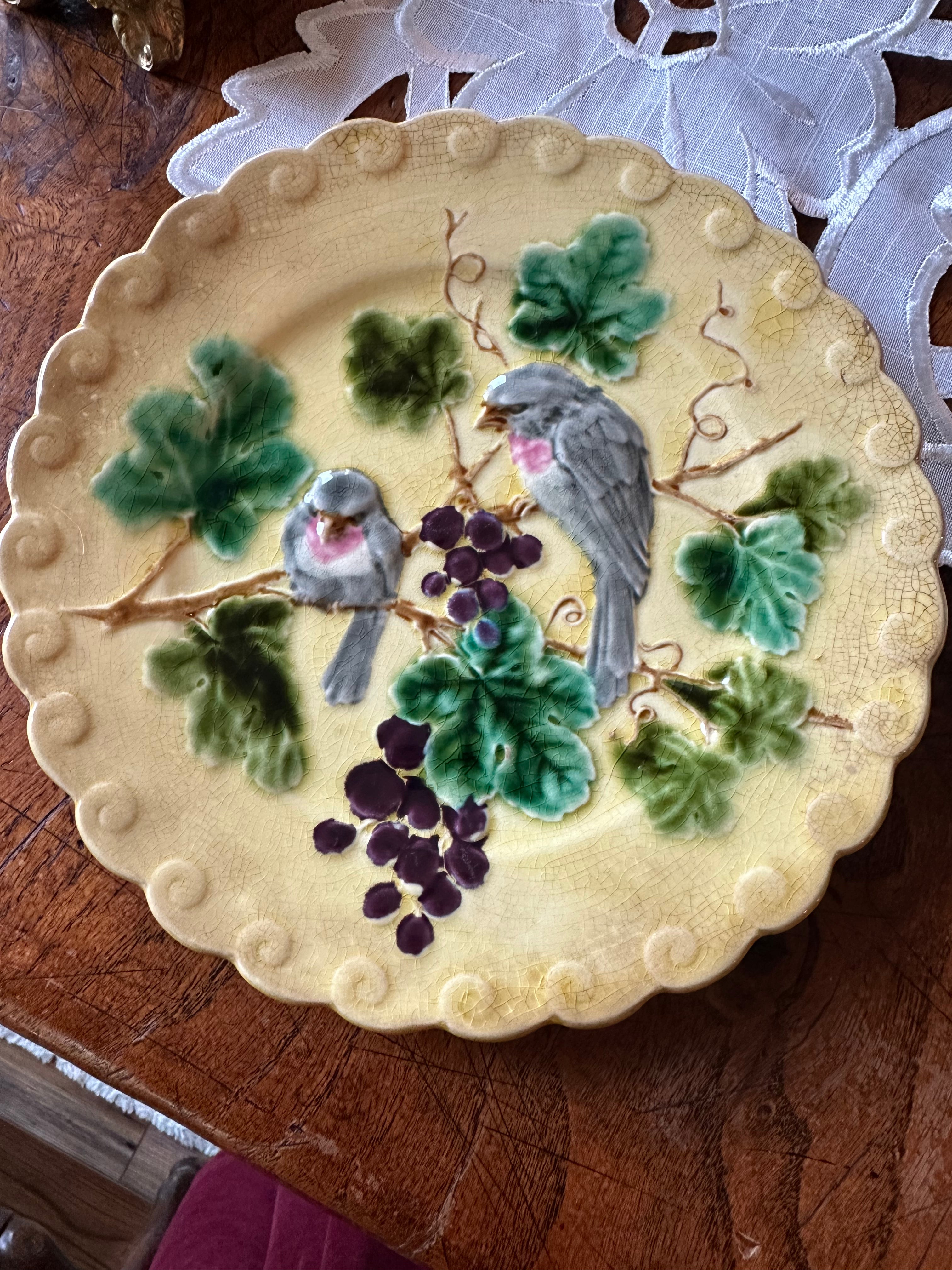 Antique French Sarreguemines Majolica Plate | Yellow Bird Motif | 8" Diameter