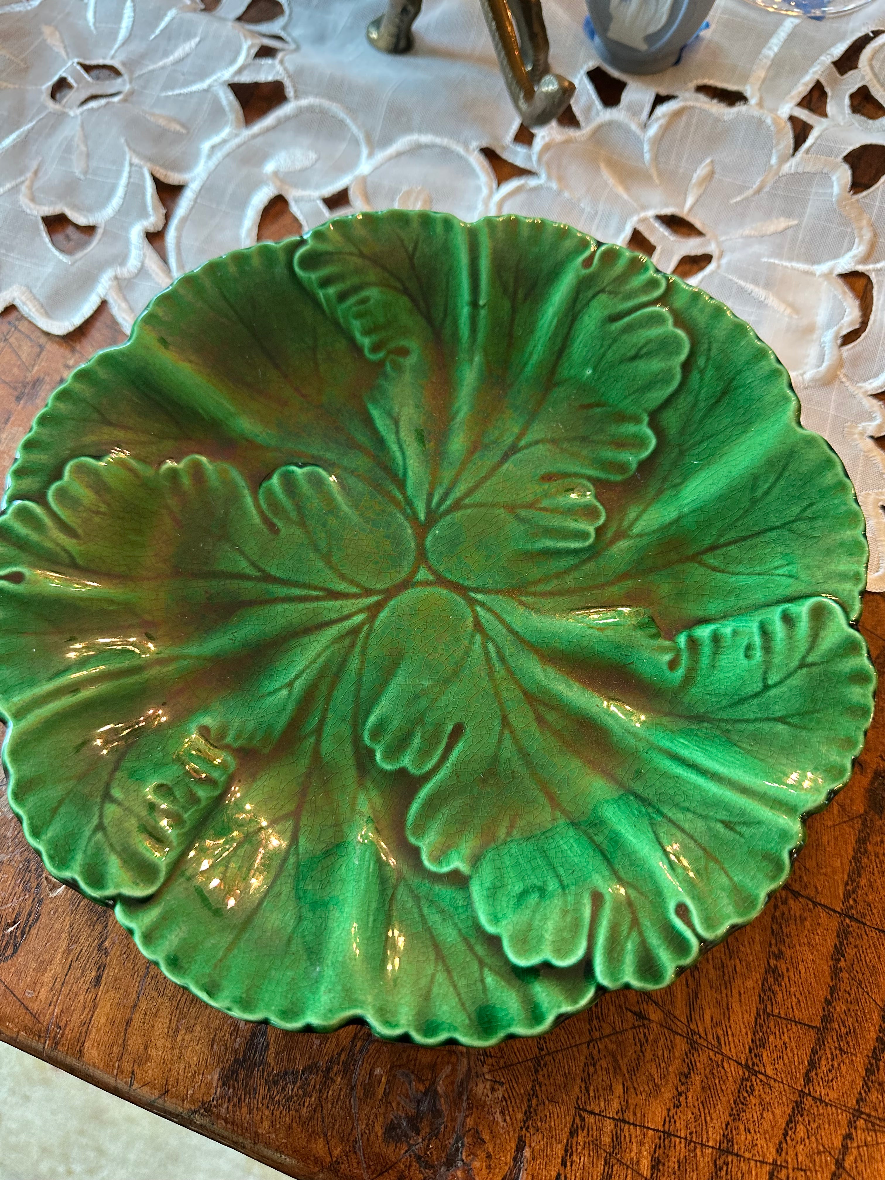 Antique French Majolica Pedestal Cake Plate | Green Glazed Dessert Stand | 8¼"