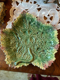 Vintage Majolica Leaf Plate | Green, Pink & Yellow Botanical Platter | 9" x 8½"