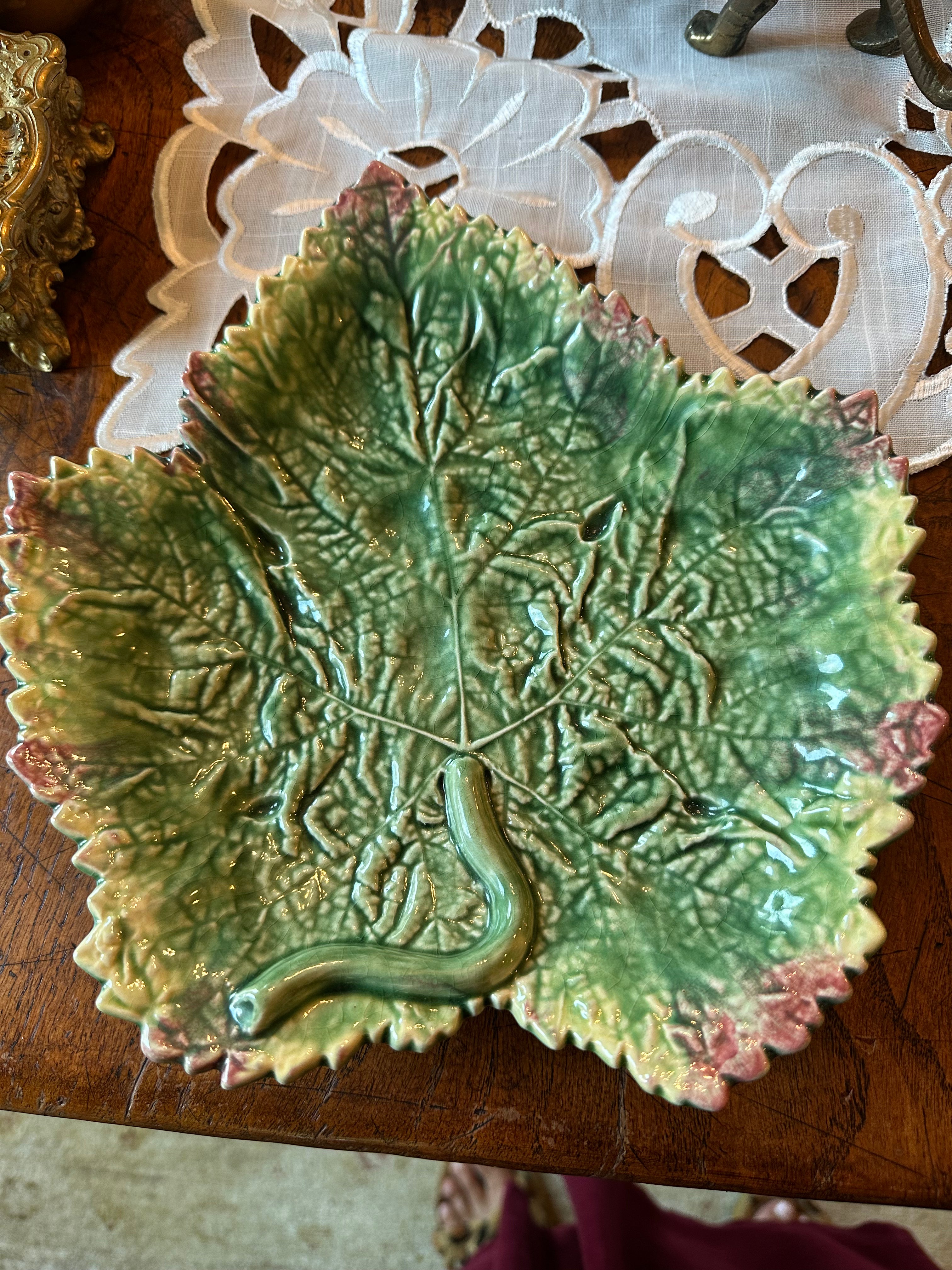 Vintage Majolica Leaf Plate | Green, Pink & Yellow Botanical Platter | 9" x 8½"