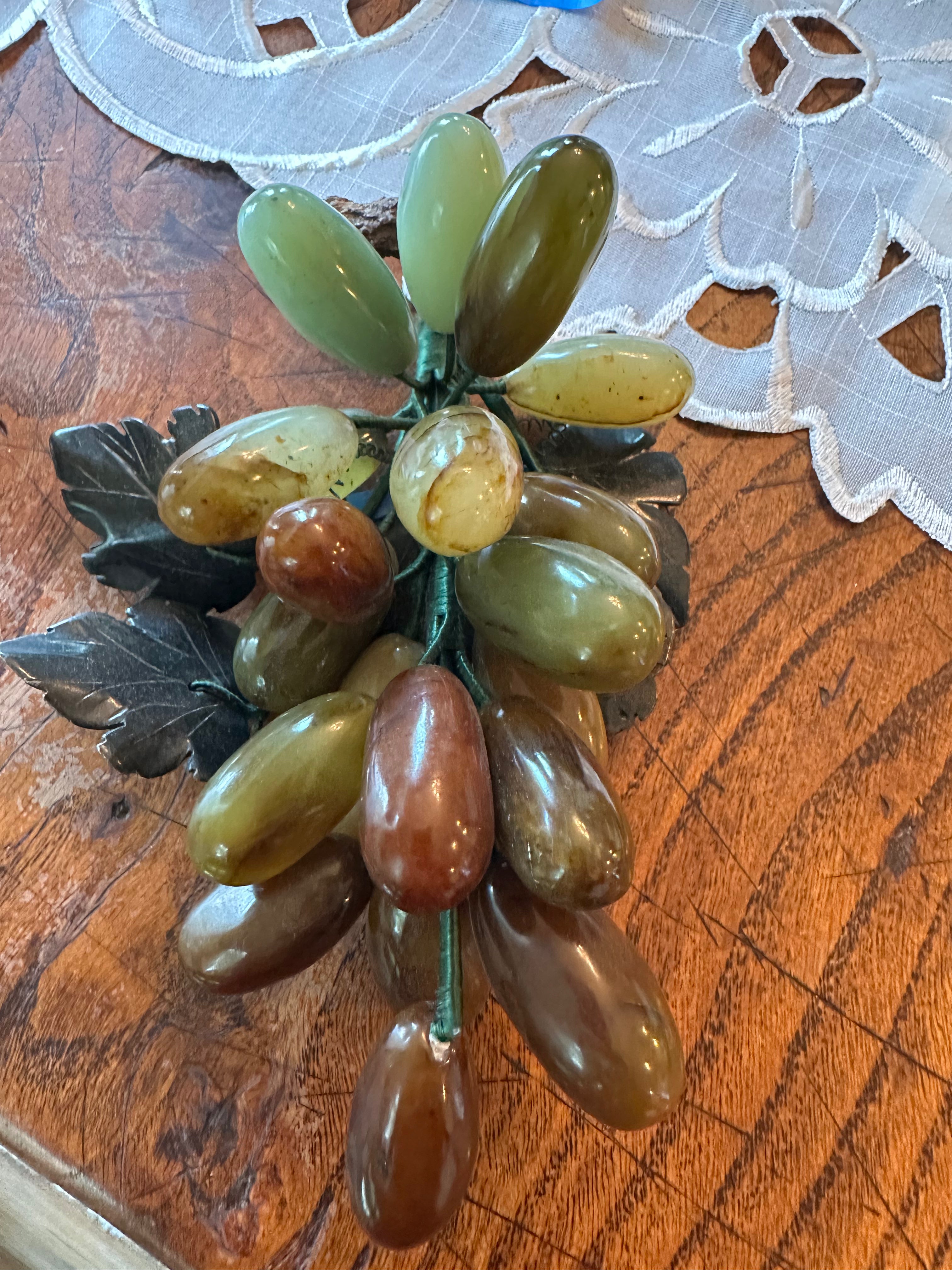 Vintage Alabaster Grapes with Leaves | Hand-Carved Italian Stone Fruit Sculpture | 8"