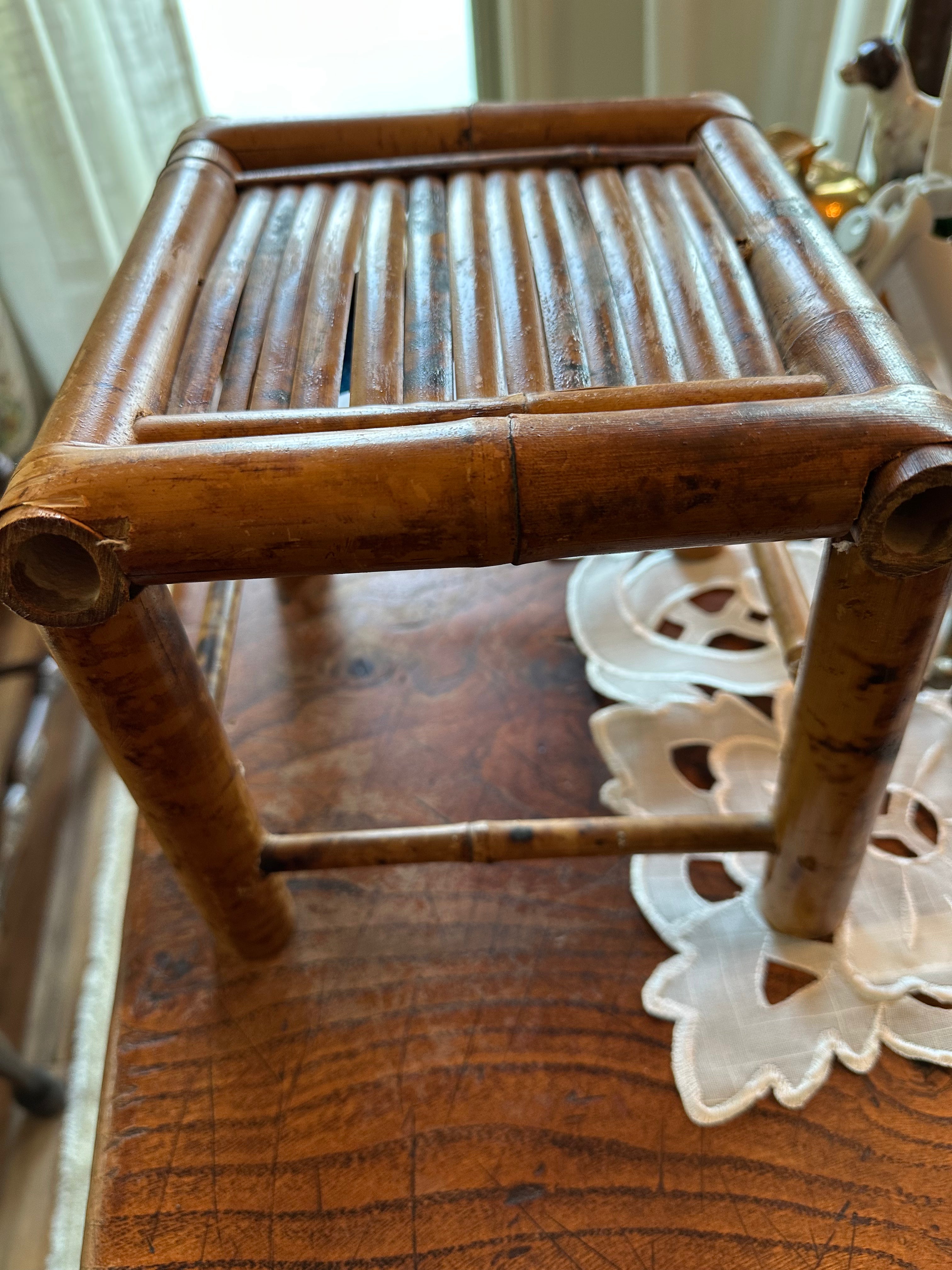 Vintage Burnt Bamboo Plant Stand | Raised Bamboo Display Stand | 8½" Wide