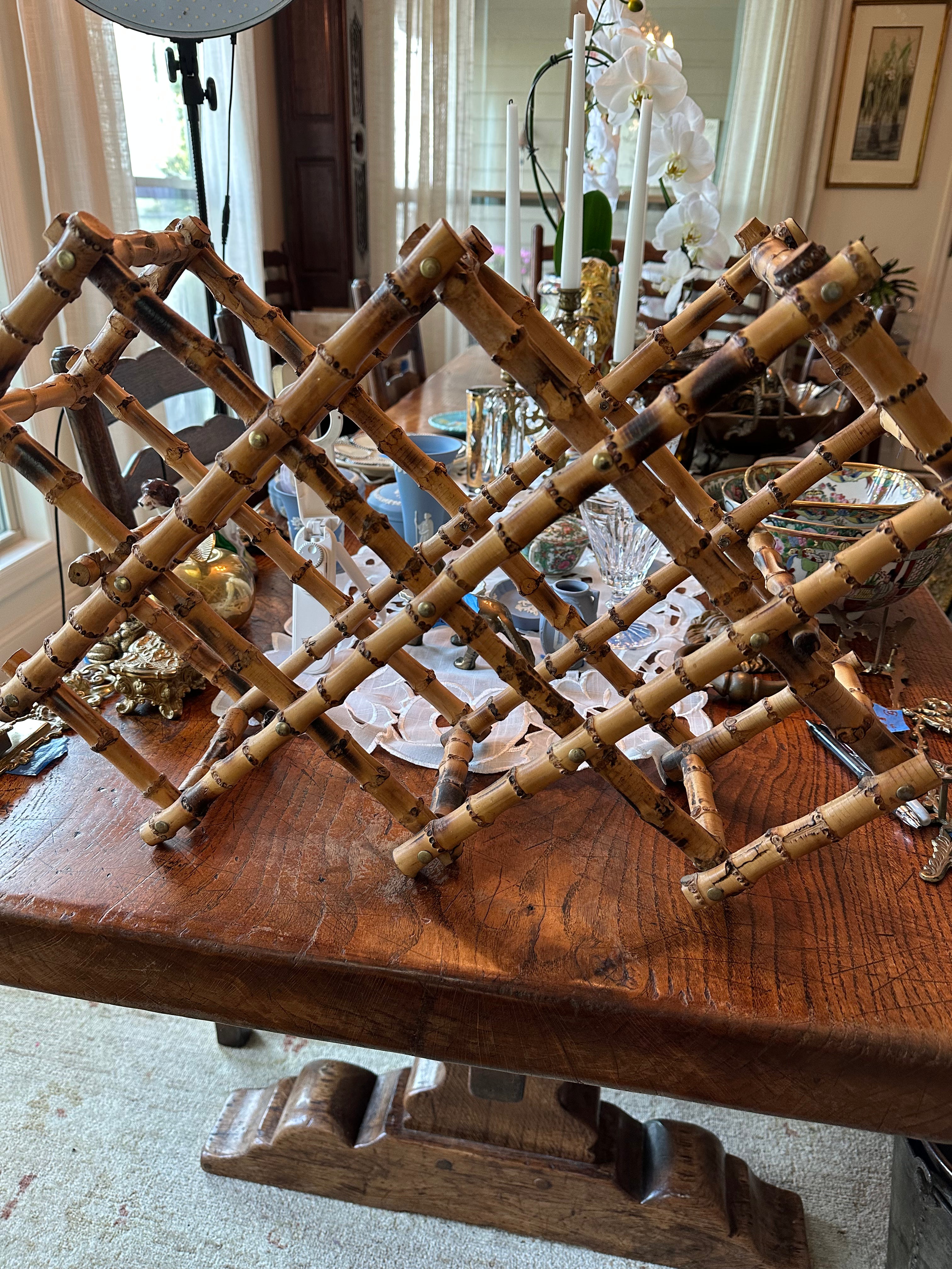 Vintage Burnt Bamboo Folding Wine Rack | Collapsible Bamboo Wine Rack | 21" x 14"