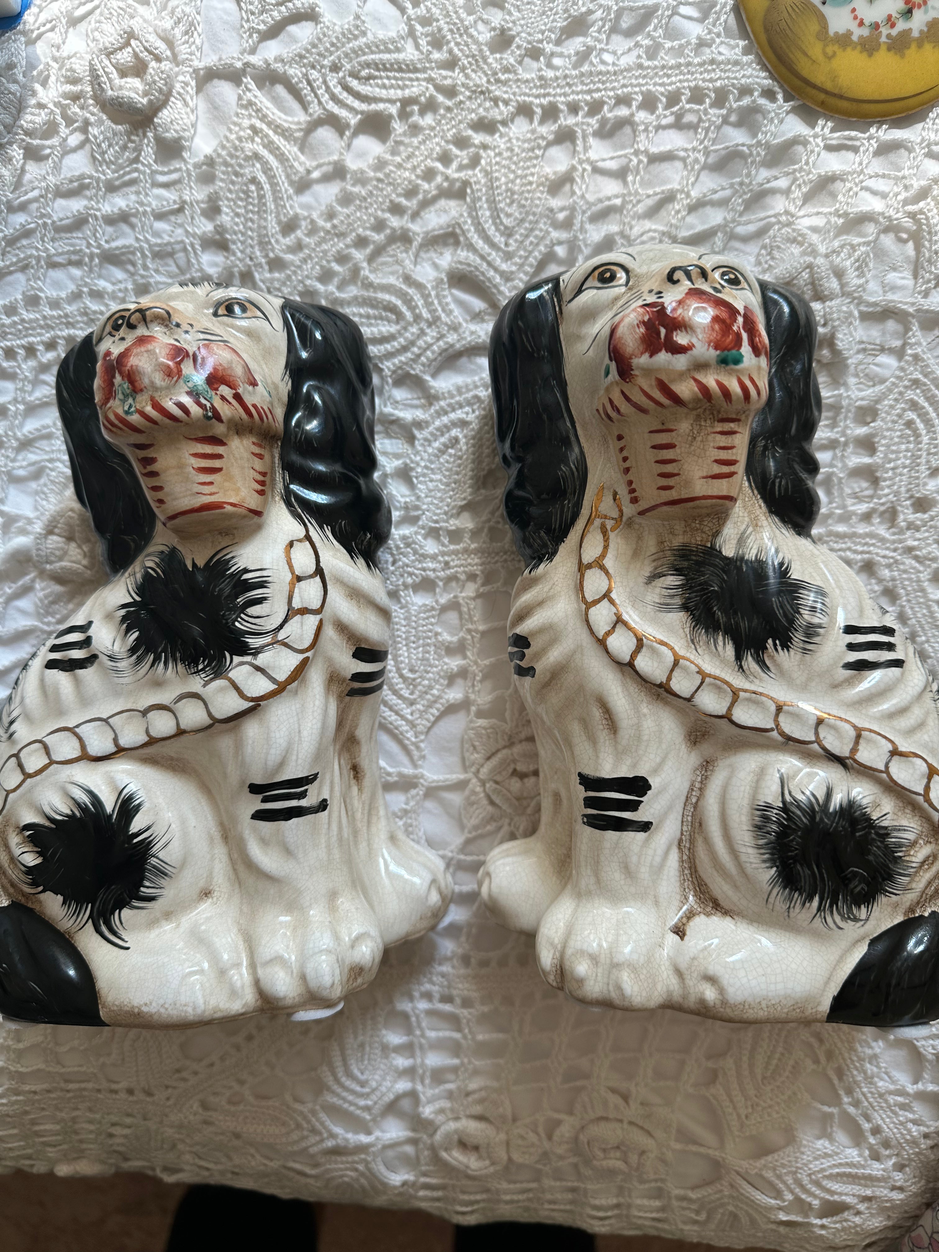 Pair of Vintage Black & White Staffordshire Style Spaniels with Basket – Reproduction