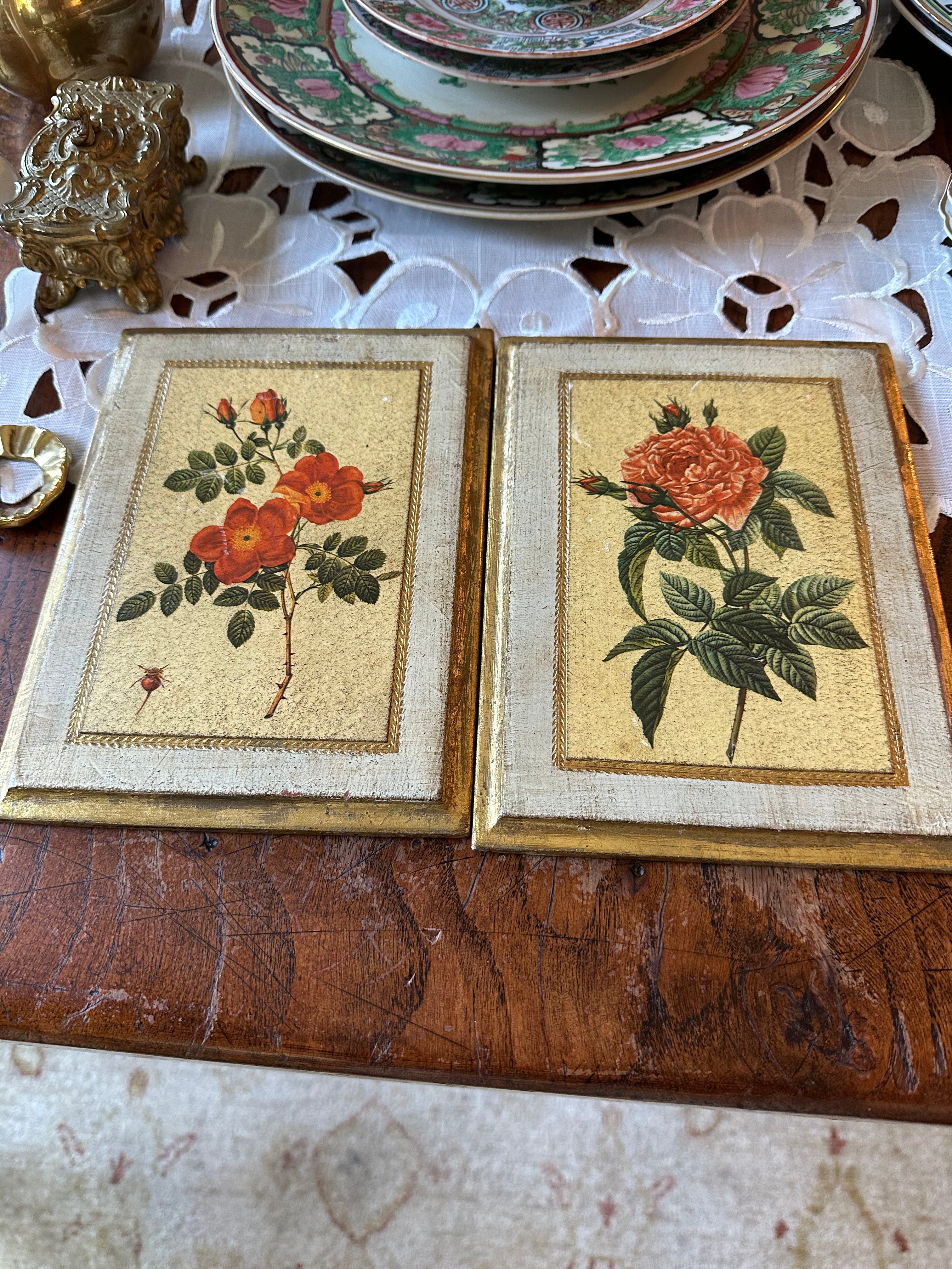 VINTAGE ITALIAN FLORENTINE FLORAL WALL PLAQUES | PAIR