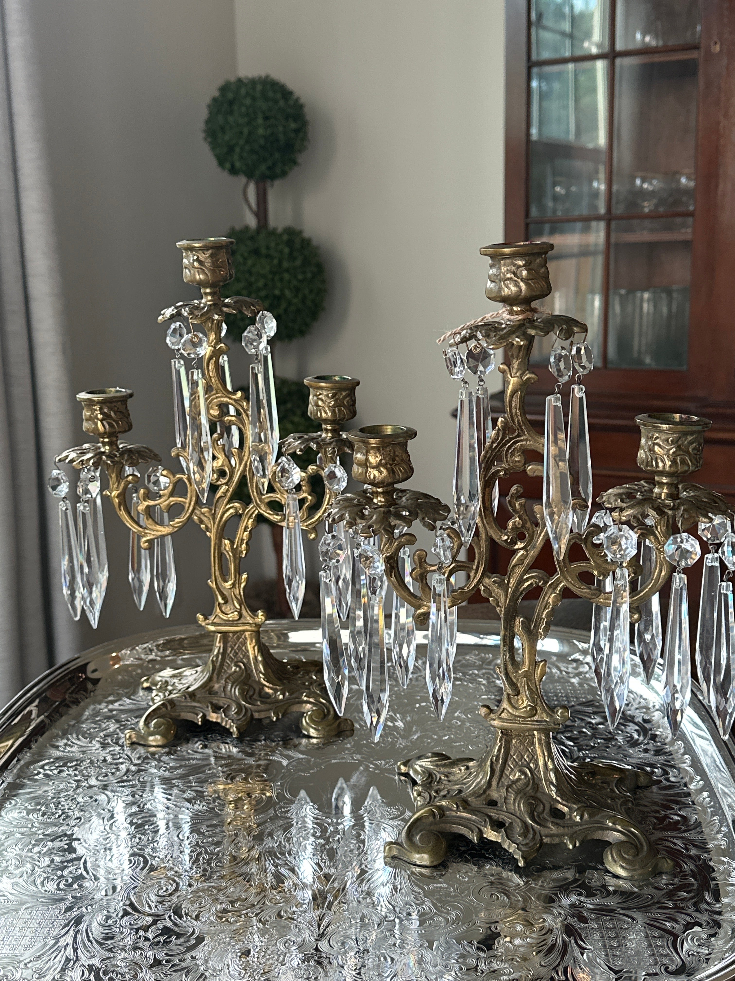 Pair of Vintage Crystal Prism Candelabras with Ornate Gilt Bronze Finish | 11” Tall