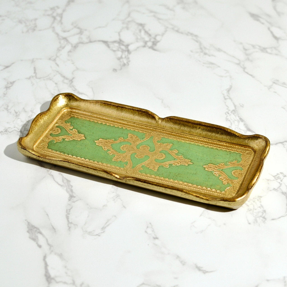 Florentine Carved Gilded Wood Narrow Tray, Made in Italy: Basil Green
