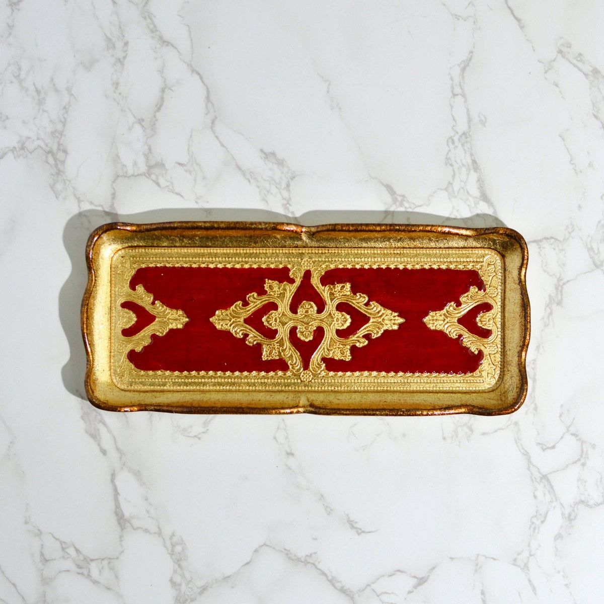 Florentine Carved Gilded Wood Narrow Tray, Made in Italy: Red