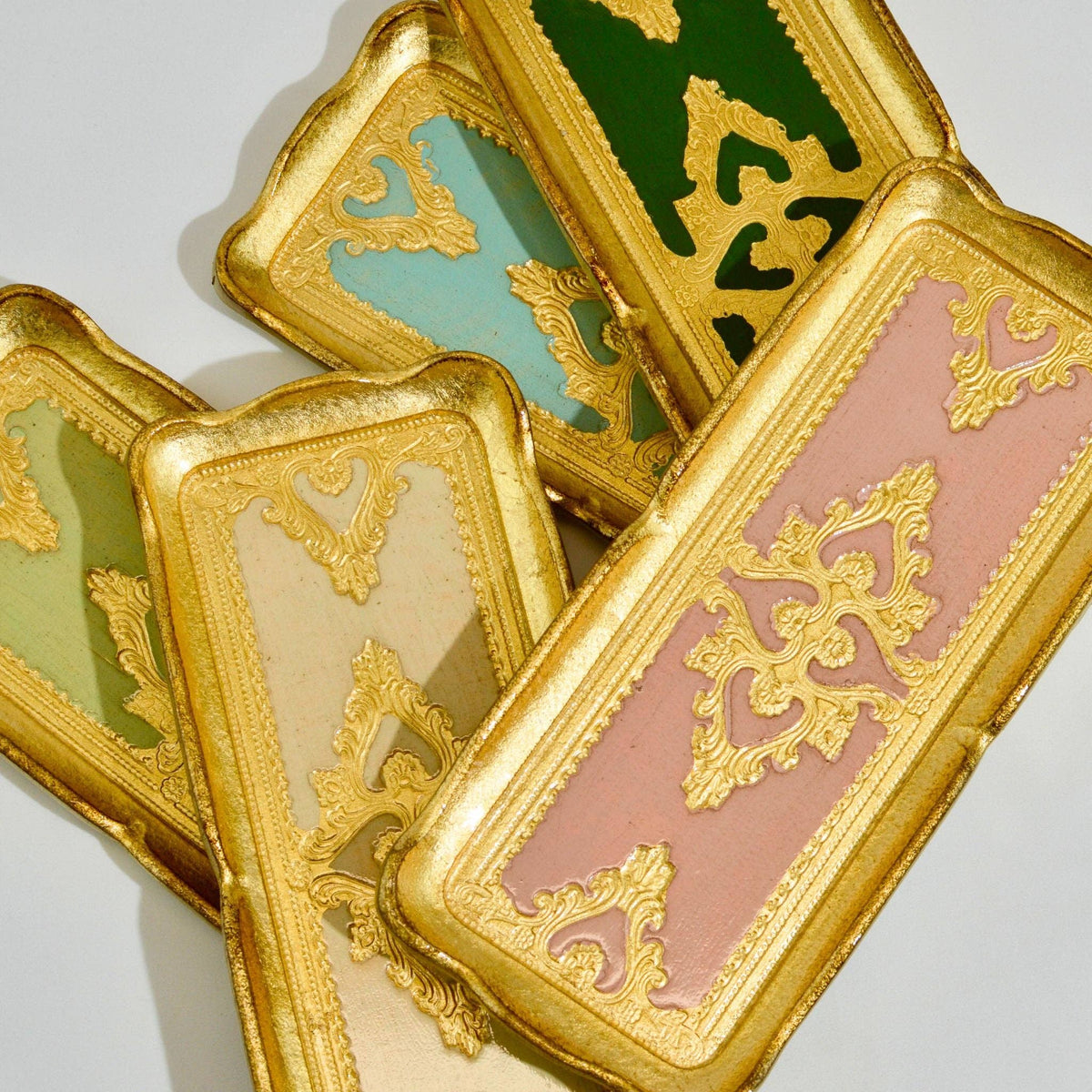 Florentine Carved Gilded Wood Narrow Tray, Made in Italy: Basil Green