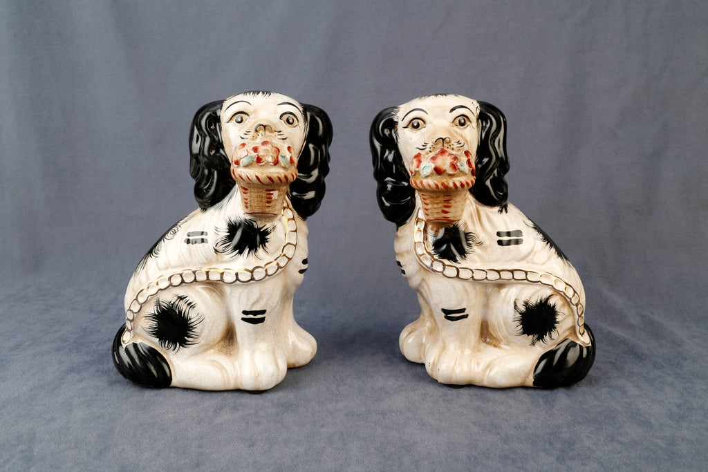 Staffordshire Dog Pair with Flower Baskets, Black Finish