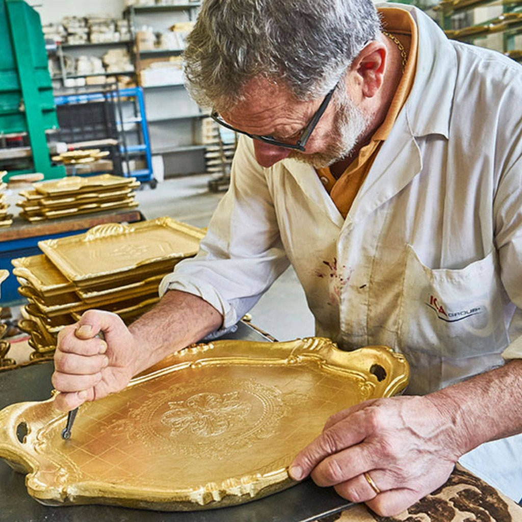 Florentine Carved Gilded Wood Narrow Tray, Made in Italy: Basil Green