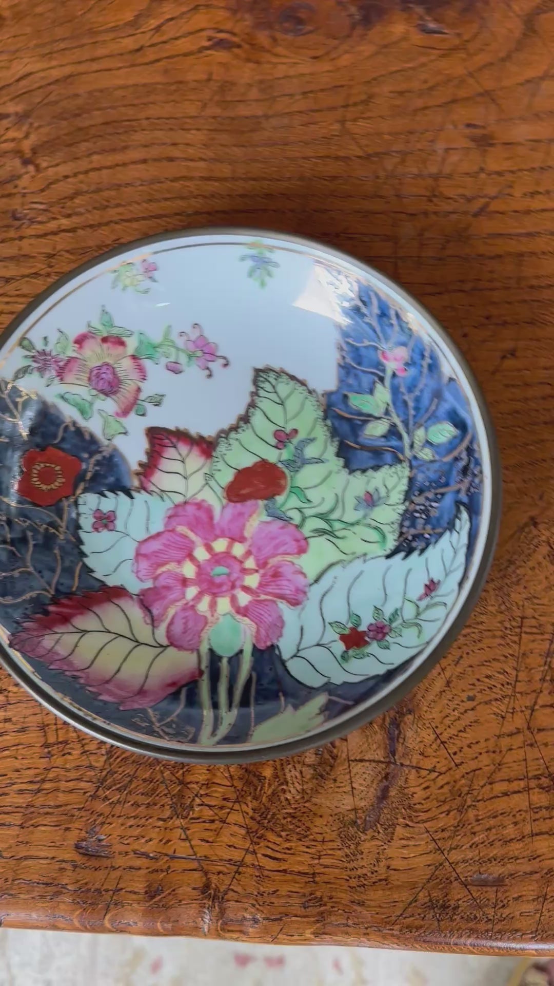Vintage Tobacco Leaf Porcelain Bowl Encased in Pewter | 7.75" Decorative Bowl