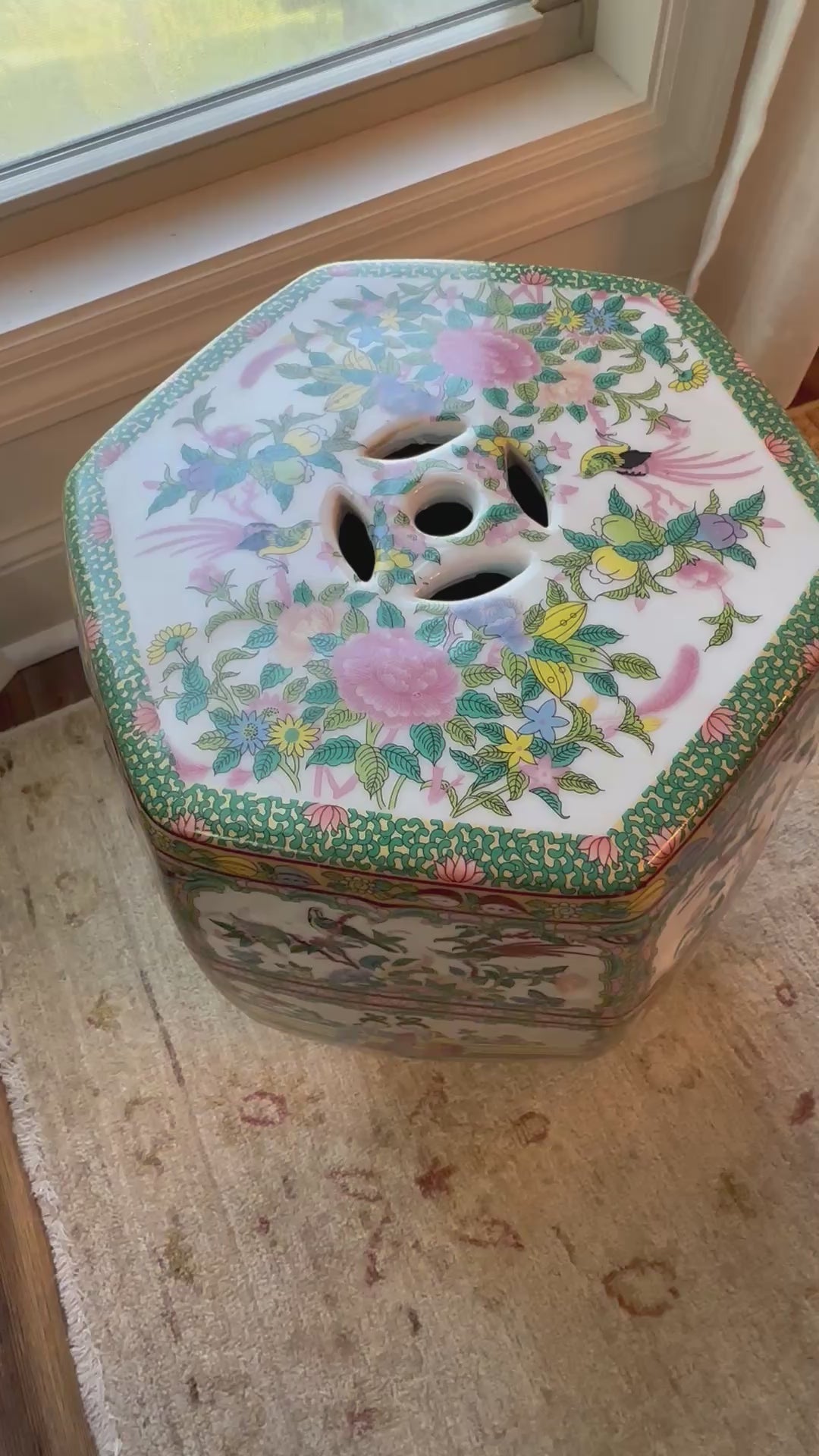 Vintage Chinese Rose Medallion Garden Stool | Hand-Painted Porcelain Garden Seat | Chinoiserie Accent Table | Hollywood Regency Decor | 17"