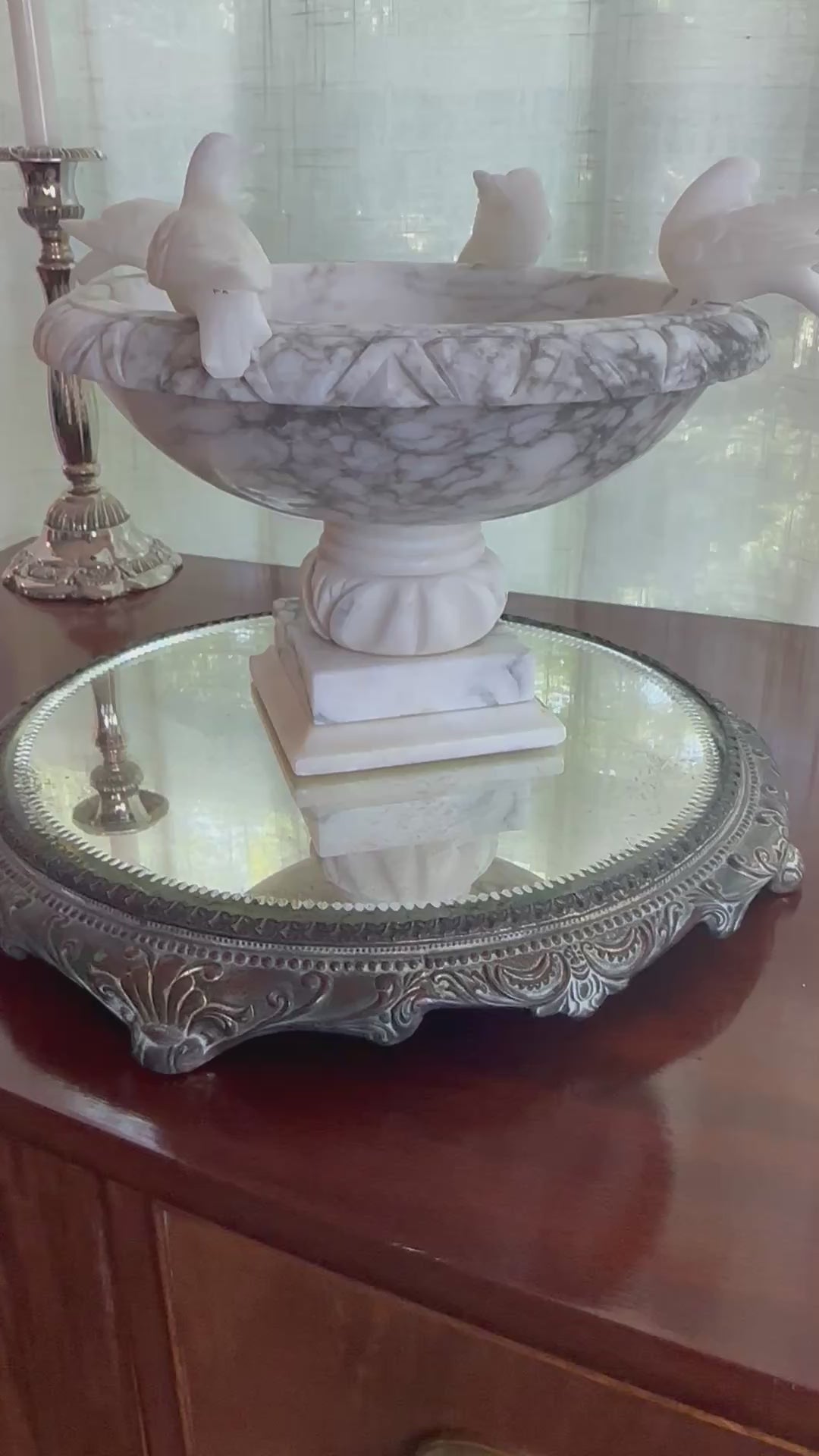 11' Vintage Italian Alabaster Birdbath with Four Birds | Hand-Carved Stone Centerpiece | Hollywood Regency | Grandmillennial Decor