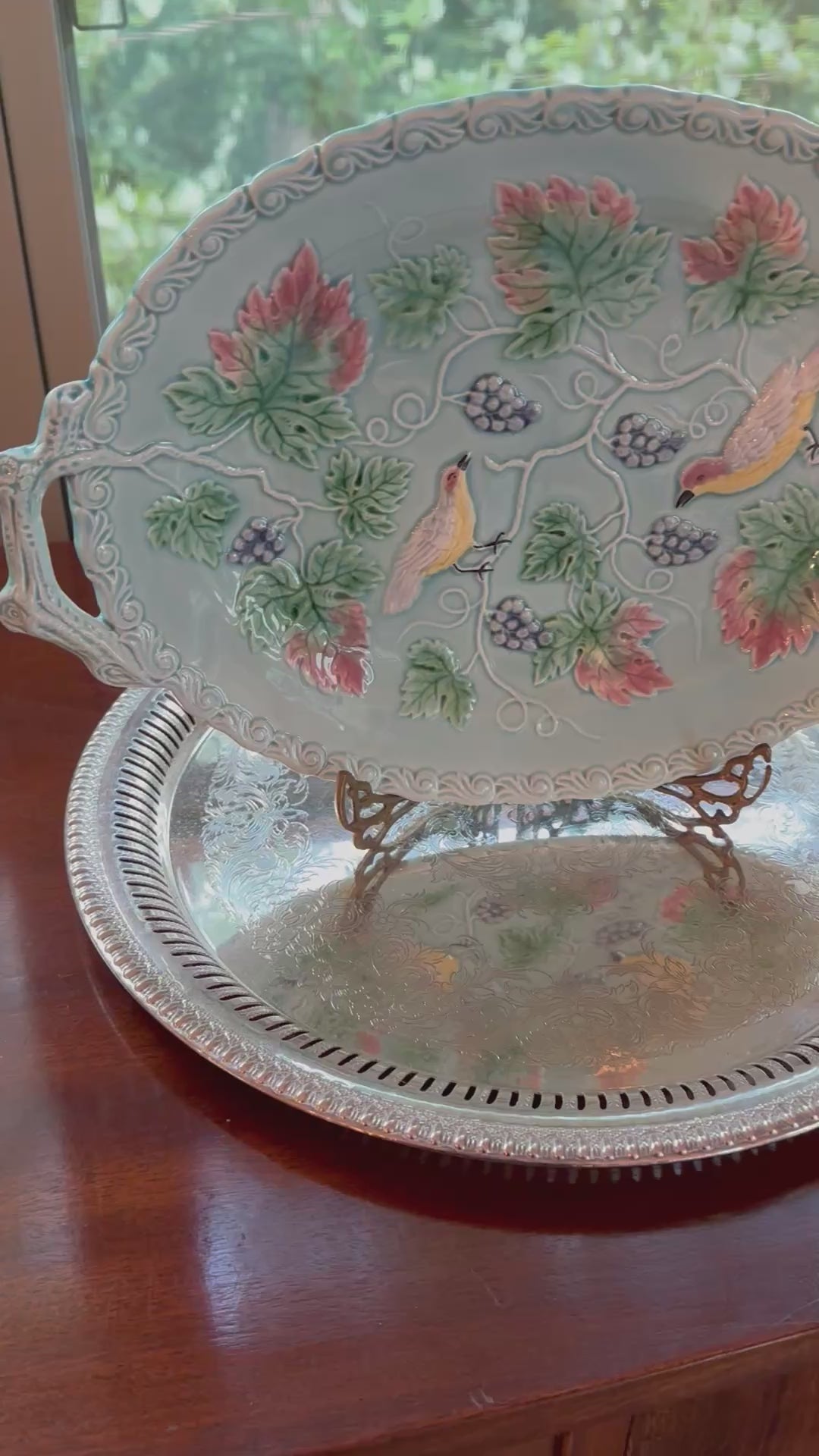 Vintage Majolica Bird Platter | Blue & Green Ceramic Serving Dish
