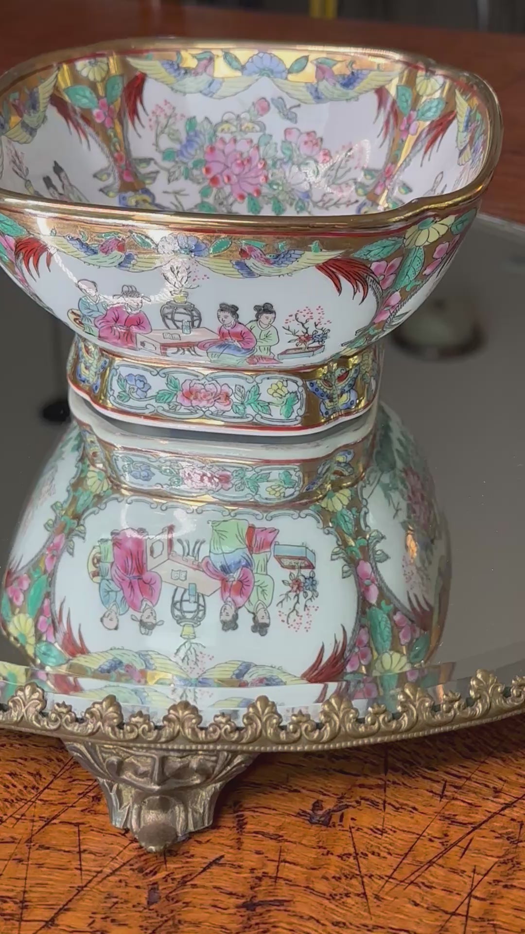 Vintage Famille Rose Pedestal Bowl | Hand Painted Chinese Porcelain Compote