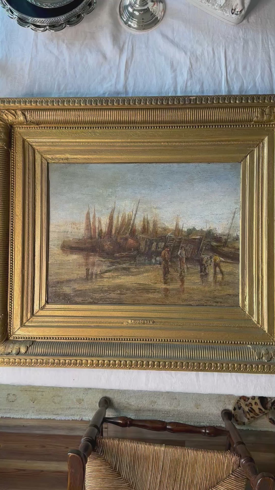 Large Vintage Harbor Scene Oil Painting Signed Alphonse Rubbens | Ornate Gold Frame | 31” x 26”